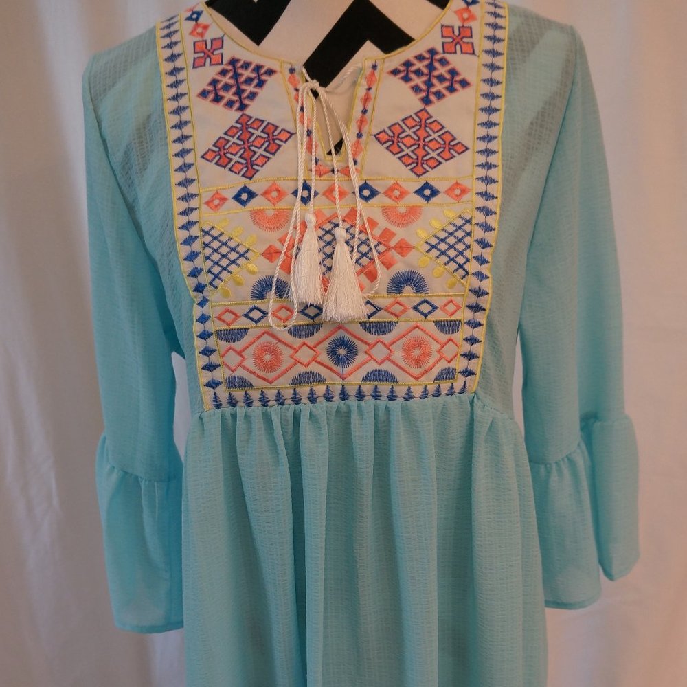 Flamingo Urban Floral Embroidery Bell Sleeve Dress